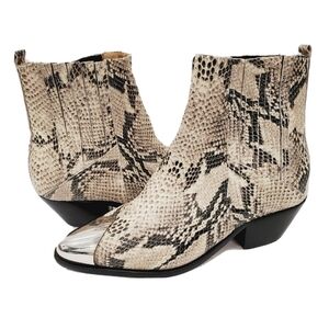 NEW SCHUTZ Luccyen Western Ankle Boots Snake Skin Print Metallic Cap Toe
